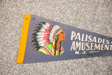 Vintage felt flag detail: bright yellow edge, colorful chief, and 'Palisades Amusement Park' text.