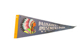 Vintage Palisades Amusement Park NJ felt flag, blue with colorful headdress graphic.
