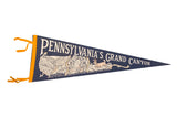 Vintage Pennsylvania's Grand Canyon felt flag, navy blue with cream canyon, deer, and orange ties.