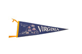 Vintage Virginia Old Dominion State felt pennant flag, navy blue with white designs.