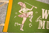 Green felt banner featuring a vintage majorette figure, musical notes, and white text.