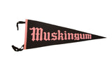 Vintage Muskingum felt flag, black with light pink Gothic text and trim, 11x29.