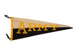 Mid-century Army felt flag banner, black and beige, bold yellow letters.