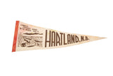 Vintage felt flag, cream with red trim, brown Hartland N.B. covered bridge design.