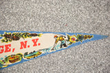 Detail of the vintage Lake George felt flag with a fisherman, fish, pine cones, and red N.Y. text.