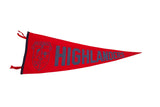 Vintage Regional Highlanders felt flag banner, red with blue text and emblem, 10 x 27.5 inches.