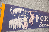 Vintage blue felt flag with pale pink zoo animal and zookeeper illustrations.