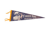 Vintage Forest Park Springfield Mass Zoo felt pennant flag with cream animal art on navy blue, 8.5x26 inches.