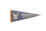Vintage Sherwood Forest Zoo felt flag pennant, blue with white deer and text, 11x28.