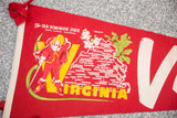 Red felt Virginia flag detail showing white dogwood flowers and northern city names.