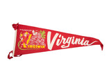 Vintage red felt Virginia banner with state map, cities, and dogwood flowers, 9x27.