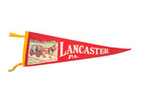 Vintage red felt Lancaster PA flag banner with Amish buggy and yellow ties.
