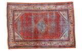 Distressed vintage Mir Serbend rug, red rust field, blue serrated medallion, mirror border, 3'6