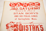 Vintage mid-century polka poster with red typography and dancing couple graphic on cream paper.