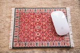 Shah Jahan Mouse Pad Rug, vibrant red with intricate Mogul floral and palmette motifs.
