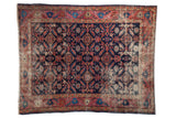 Antique Distressed Malayer rug, dark indigo Herati field, blush red, teal, saffron. 5' x 6'3