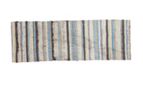 Distressed vintage Scandinavian rag runner, varied blue, ivory, charcoal vertical stripes, 1'9