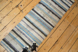 Varied blue, ivory, black, and faded blush striped pattern on a distressed Scandinavian rag runner.