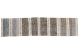 Vintage Scandinavian rag rug runner, hand woven with ivory, charcoal, blue, mauve stripes.