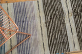 Vintage Scandinavian rag rug's hand woven texture with blue, mauve, and charcoal stripes.