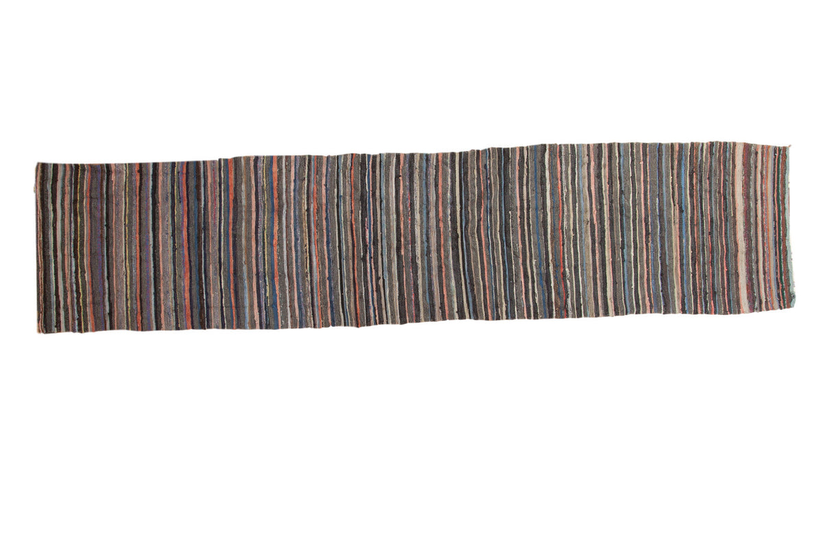 Vintage Scandinavian rag rug runner featuring varied thin multi-color stripes, 2'3" x 9'9".