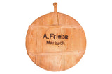 Vintage round wooden pizza serving board, natural planks, black stamped text, rustic patina, 26x32.