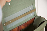 Inside a vintage Swiss Army bag, showing sturdy olive canvas, distressed leather, metal bar.