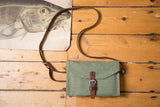 Vintage Swiss Army crossbody bag, olive green canvas with a brown leather strap.