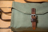 Vintage Swiss Army bag's durable olive green canvas flap and brown leather buckle.