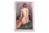 Nude portrait painting on unwrapped canvas, with subdued lavender and teal colors.