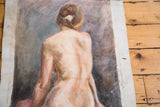 Vintage oil painting, nude woman's upper back, lavender and teal hues, exposed canvas edge.