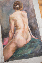 Vintage oil painting of a nude woman with subdued lavender and teal colors.
