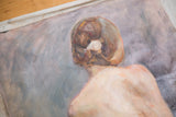 Nude Portrait Painting close-up showing the woman's back and hair, with lavender teal background.