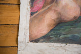 Texture of the unwrapped oil painting canvas edge, showing lavender and teal hues.