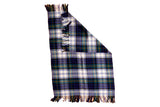Vintage plaid wool blanket with navy, forest green, yellow, and white colors.
