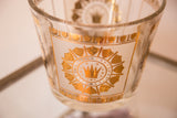 Close-up of the Mid Century glass ice bucket's gold crown and frosted shield pattern.