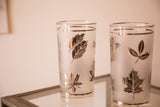 Reflective silver fall leaf pattern on frosted Mid Century glassware.
