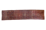 Distressed vintage Bijar runner with Persian Herati design, faded cherry red and indigo, 3'7