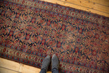 Distressed Vintage Bijar runner with sculpted Persian Herati design in cherry red, indigo, saffron.