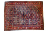 Distressed Vintage Mahal Carpet, allover guli-hinnai pattern on faded indigo blue, black cherry border.
