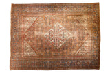 Antique Distressed Mahal Carpet, faded peach, blue, ivory Herati medallion, turtle border, 10'3