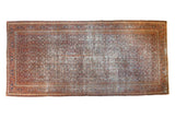 Antique Distressed Doroksh Gallery Runner, intricate allover Persian design in faded rust and navy.