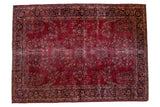 Vintage Distressed Turkish Carpet, plum purple field, allover floral bouquet, with navy borders.