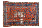 Distressed vintage Persian Malayer rug with madder root red Herati field, sky blue samovar border, 4'5