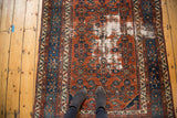 Hard distressed Vintage Malayer rug, madder root red Herati field, sky blue samovar border.