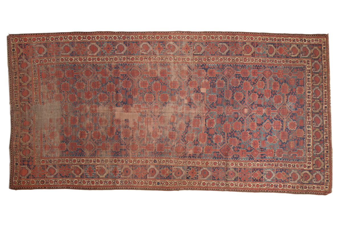 Antique Beshir Gallery Runner: red guli-hinnai on navy field, unique patterned distress.