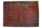 Distressed Vintage Heriz Carpet, brick red field, allover leaf pattern, navy border, 9'5