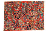 Hand-knotted Vintage Sarouk Fragment rug, exquisite multi-color floral designs on cherry red.