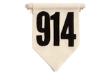 Westchester 914 felt flag, cream background with hand-sewn black numbers and oak dowel, 7x10.