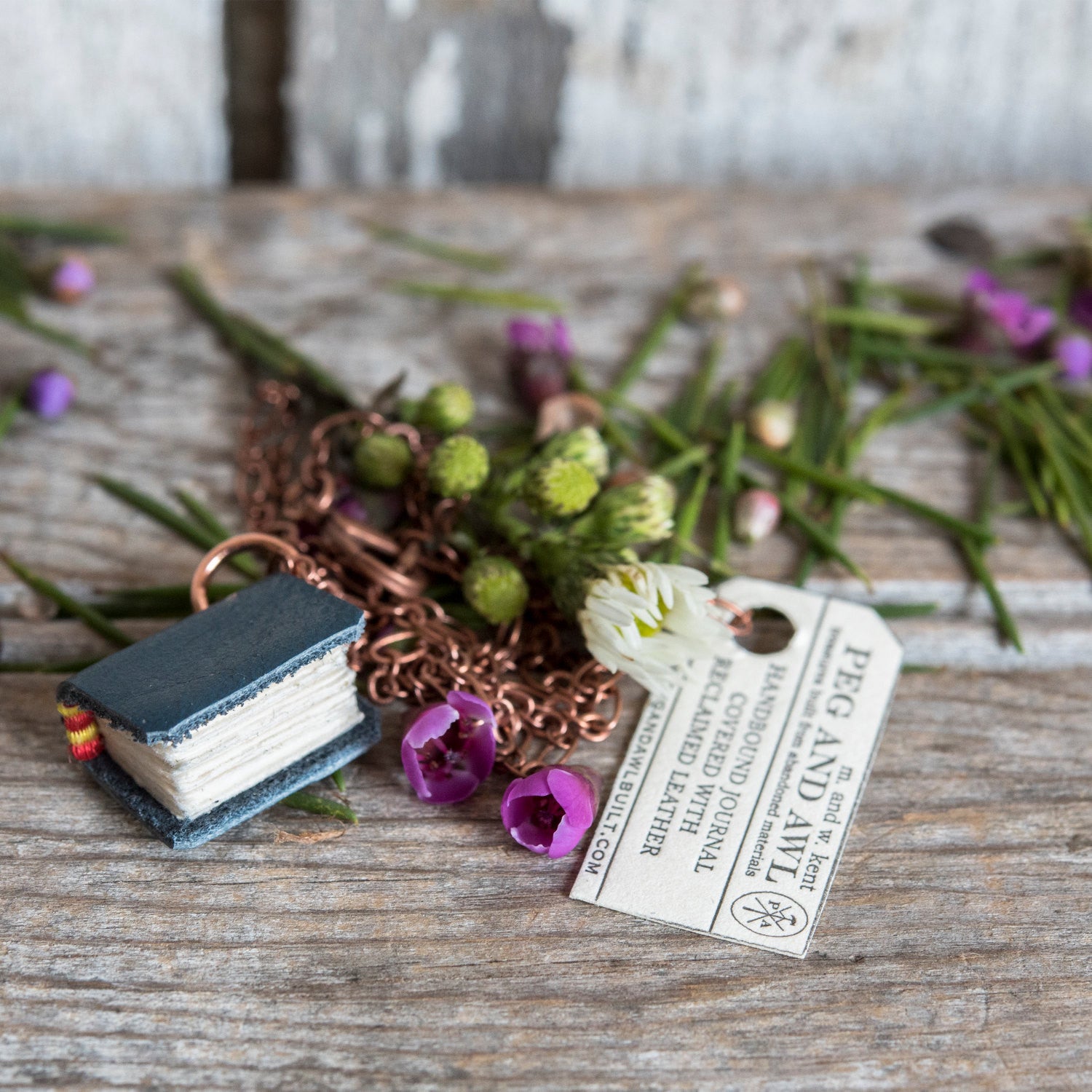 Reclaimed Leather Book Necklace Lagoon and Copper // ONH Item 3228 Image 1